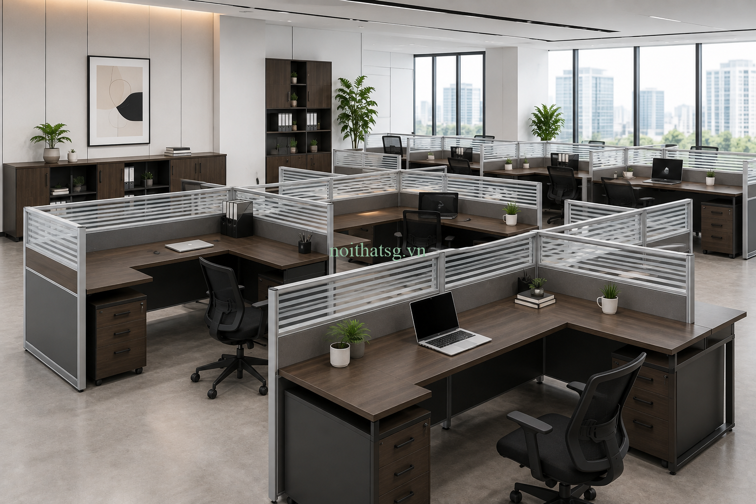 Cách Chọn Cụm Bàn Làm Việc Phù Hợp Không Gian Văn Phòng Tối Ưu Nhất 2 Cụm bàn làm việc chữ L có vách ngăn